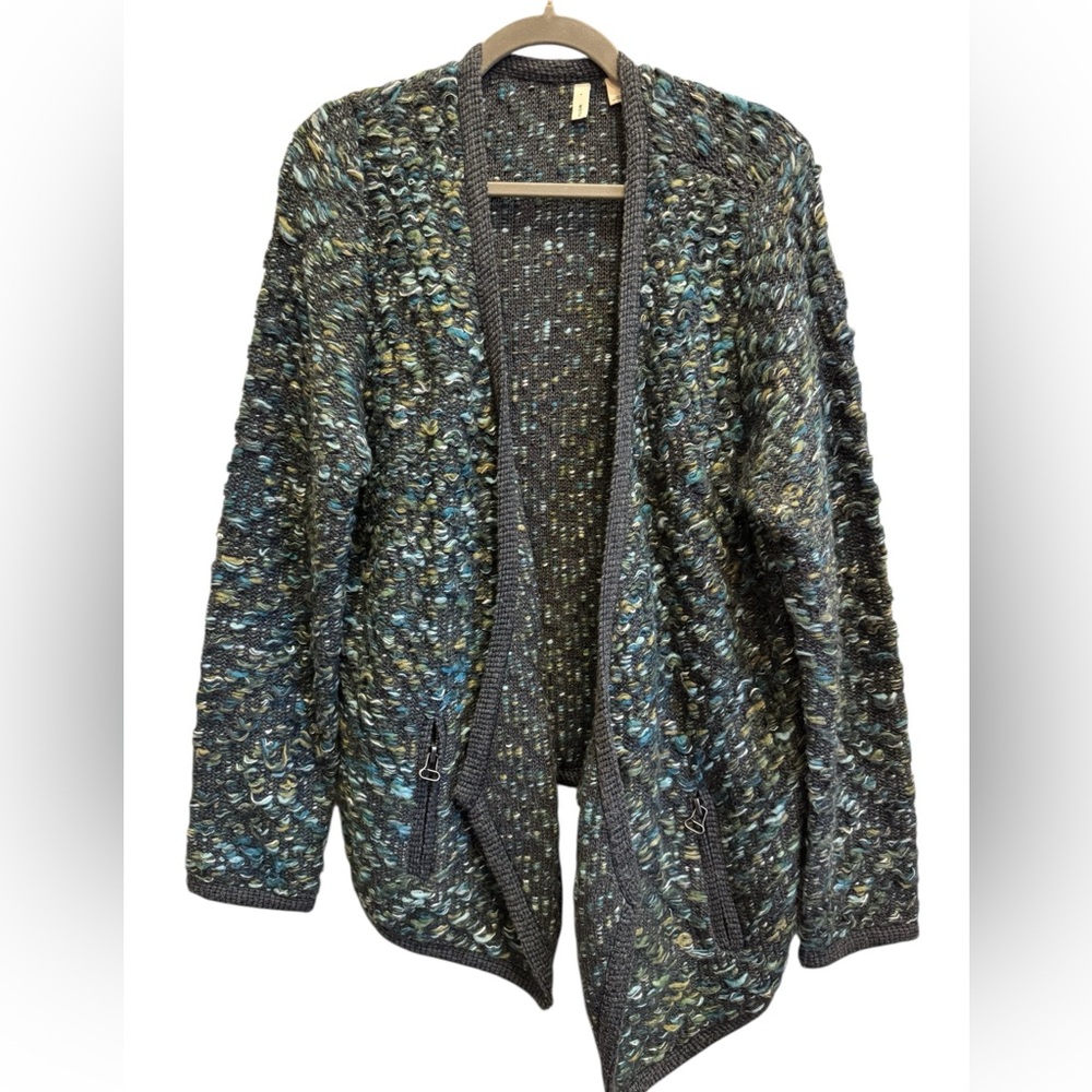Moth for Anthropologie Gray Blue Textured Knit Open Front Cardigan Jacket sz L